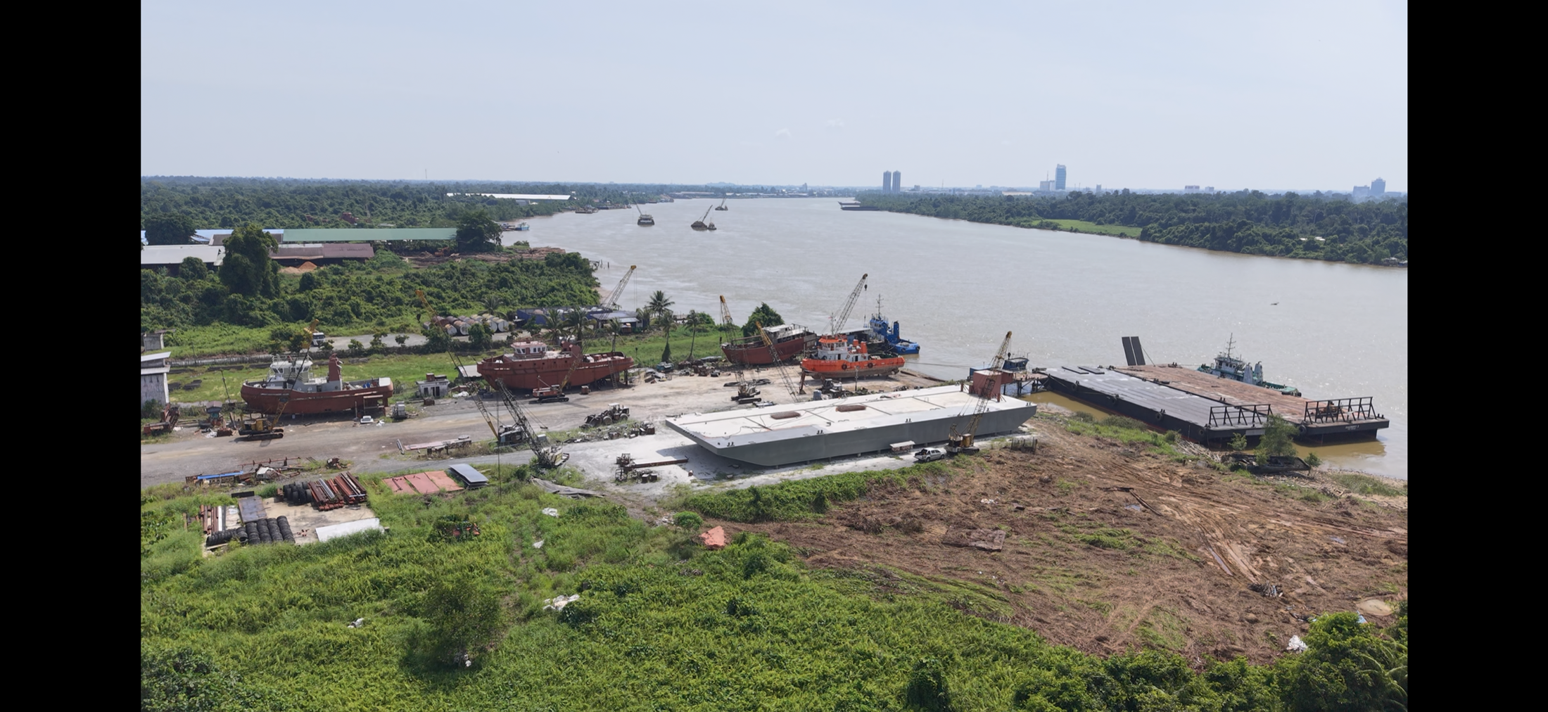Aerial view of Moxen Shipyard on the river in Sibu